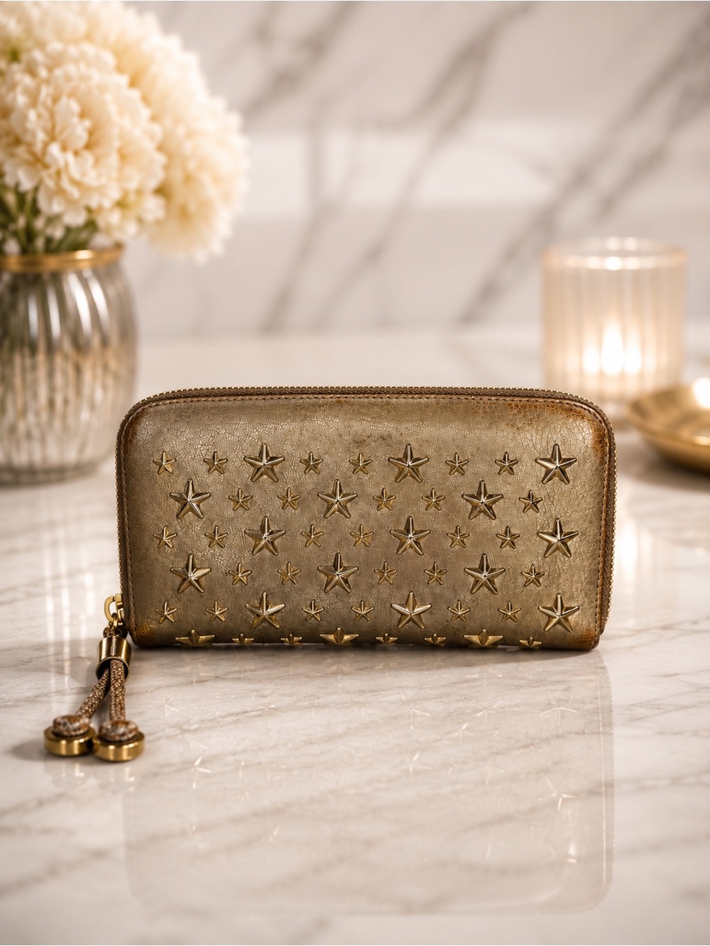 Jimmy Choo Gold Metallic Zip Around Wallet | Leather Continental Wallet